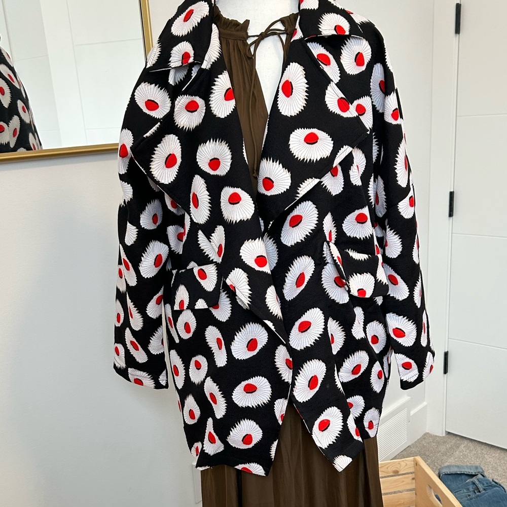 Black Floral Dot Print Open Blazer Jacket - Black, White & Red